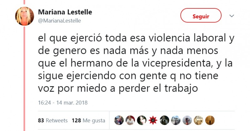Lestelle acus al hermano de Michetti por violencia laboral y de gnero